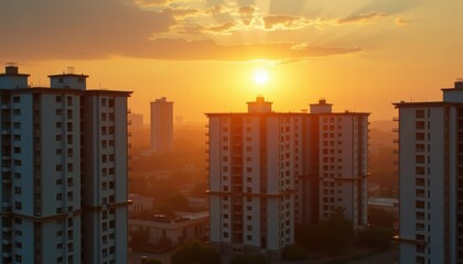 Urban skyline at sunset casting warm glows over buildings  