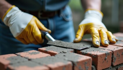Skilled Mason Troweling Mortar on Brick Wall with Gloves  