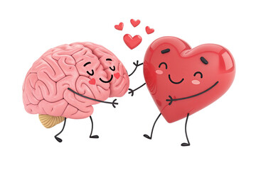 Mental health concept with cartoon brain and heart togetherness 3d rendering, isolated on transparent background-generated by ai