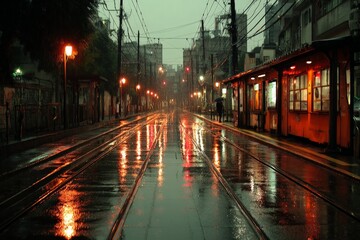 Fototapeta premium Rain-soaked street in urban area with reflections and soft lighting on a cloudy evening