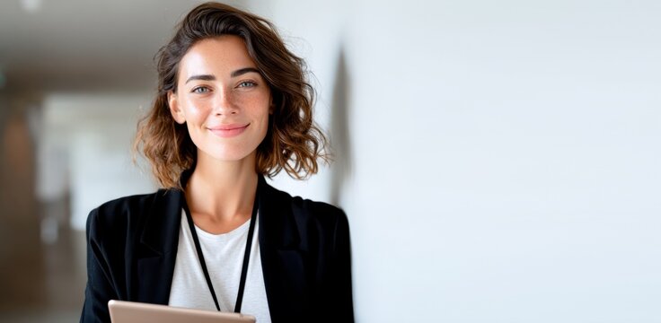 hispanic professional business woman standing in modern office smiling at camera using tablet confident female entrepreneur executive corporate manager leader with positive expression
