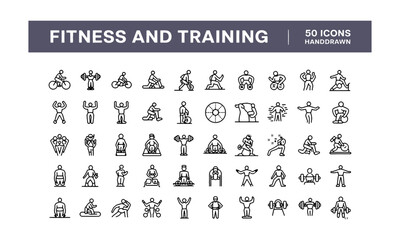 fitness and sport 50 isolated icons set on white background