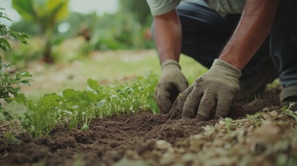 Hispanic landscaper laying sod in a garden area. Featuring landscaping and garden setup