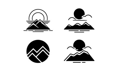 Set of silhouettes of mountains. Collection of stylized rock landscapes with sunset. Coniferous forest. Vector illustrations for travel agencies. Design for postcards.