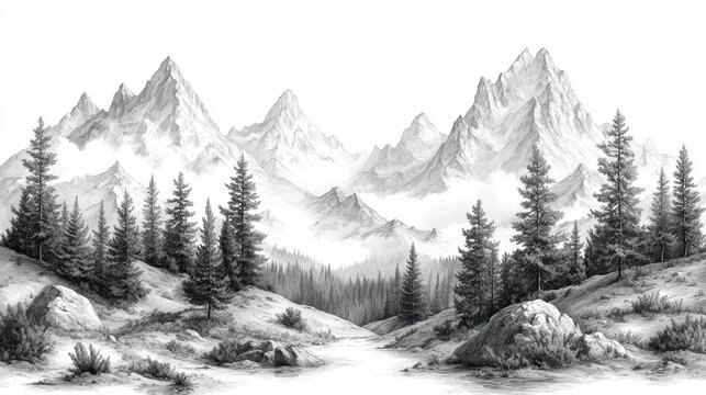 mountain landscape,rolling hills dense pine forests,rugged peaks in a classic illustration style sketch engraving generative ai raster illustration scratch board black,white image,stock photo