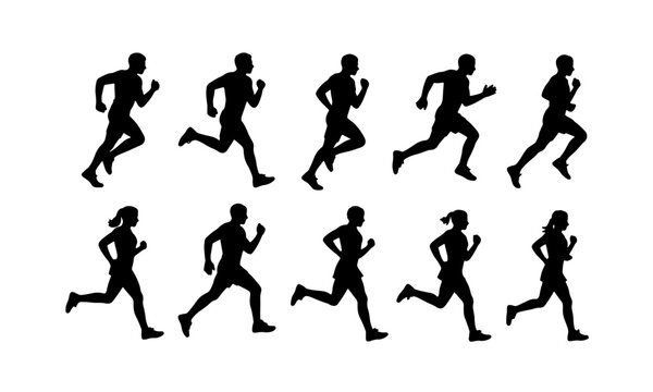 Run. Running men and women, vector set of isolated silhouettes