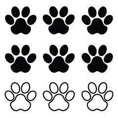 Set of 9 Dog Paw Print Silhouette Icons Vector