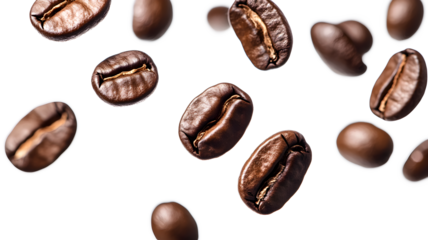 A bunch of coffee beans are flying through the air. The beans are scattered in different directions; some are closer to the camera, and others are further away. Concept of movement and energy