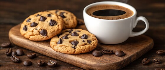 Cookies and Coffee on Wooden Board