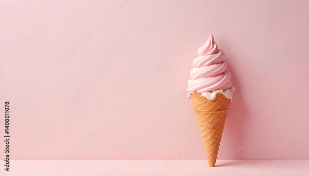 Poster soft pink summer background with ice cream cone in corner — clean horizontal design with space for w