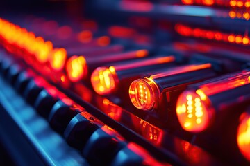 Red and orange LED lights illuminating the top of rows of black computer equipment in a server room,