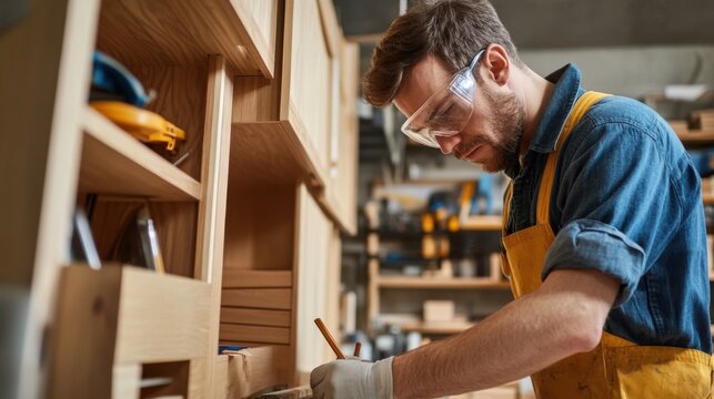 Carpenter building a custom bookcase in a workshop. Featuring bookcase construction and woodworking skills