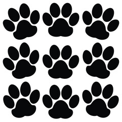 Set of 9 Dog Paw Print Silhouette Icons Vector