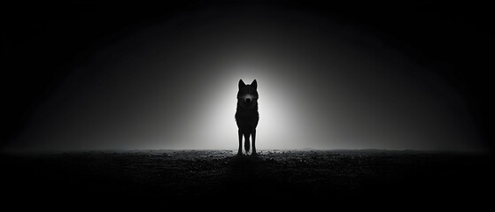 Silhouette of a Small Dog Under a Single Light in a Dark Foggy Setting