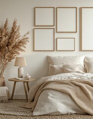 Cozy Minimalist Bedroom with Neutral Tones, Elegant Decor, and Textured Bedding in a Calm Atmosphere