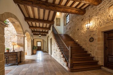 Obraz premium Large rustic interior hallway and stairs of large Spanish Villa