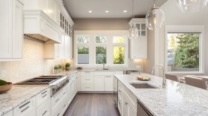 Fototapeta premium Minimalist white kitchen with marble countertops bathed in morning light, embodying serene Scandinavian elegance 
