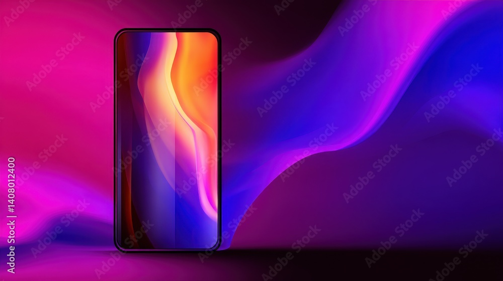 Poster vibrant smartphone display showcasing colorful abstract waves in a dynamic digital backdrop