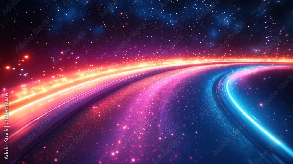 Poster neon blue,pink light trails against a starry sky flowing in a curved path to create a vibrant fast m