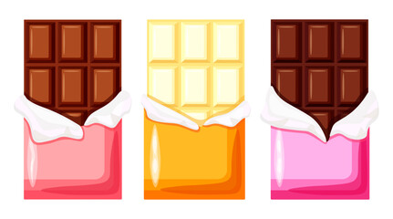 Set of sweet chocolate bars in wrappers in cartoon style. Vector illustration of black, white, milk chocolate bars in colored wrappers: pink, orange, purple isolated on white background.
