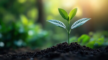 Naklejka premium Fresh Green Plant Sprouting in Rich Dark Soil under Soft Natural Light in Lush Garden Environment