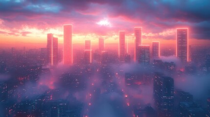 Obraz premium neon frame,square red,cyan lights high tech skyscraper rooftop,misty skyline copy space generative ai,stock image