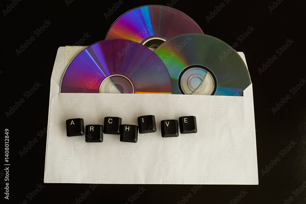 Aufkleber old computer disks in a white envelope with the word 