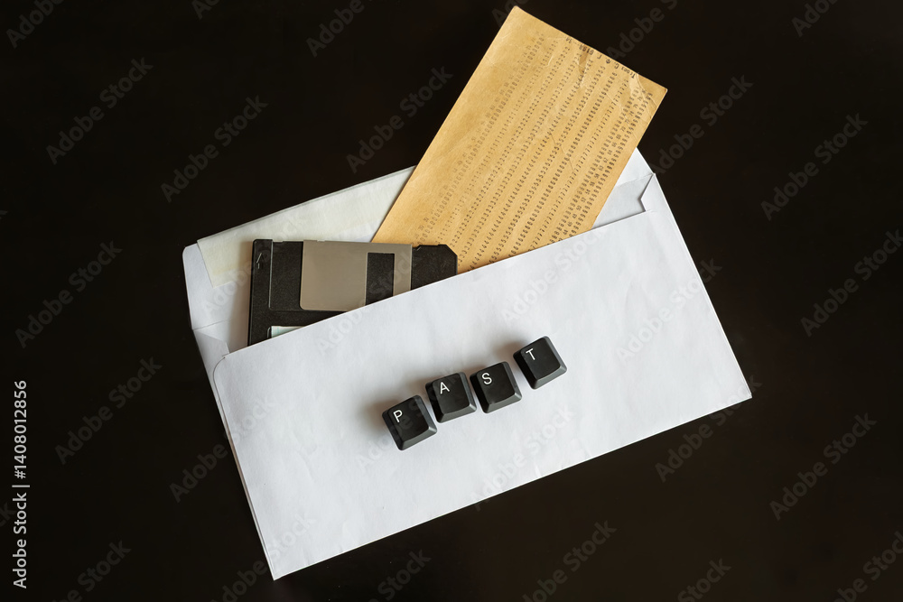 Poster an old punch card and computer floppy disk in a white envelope with the word 