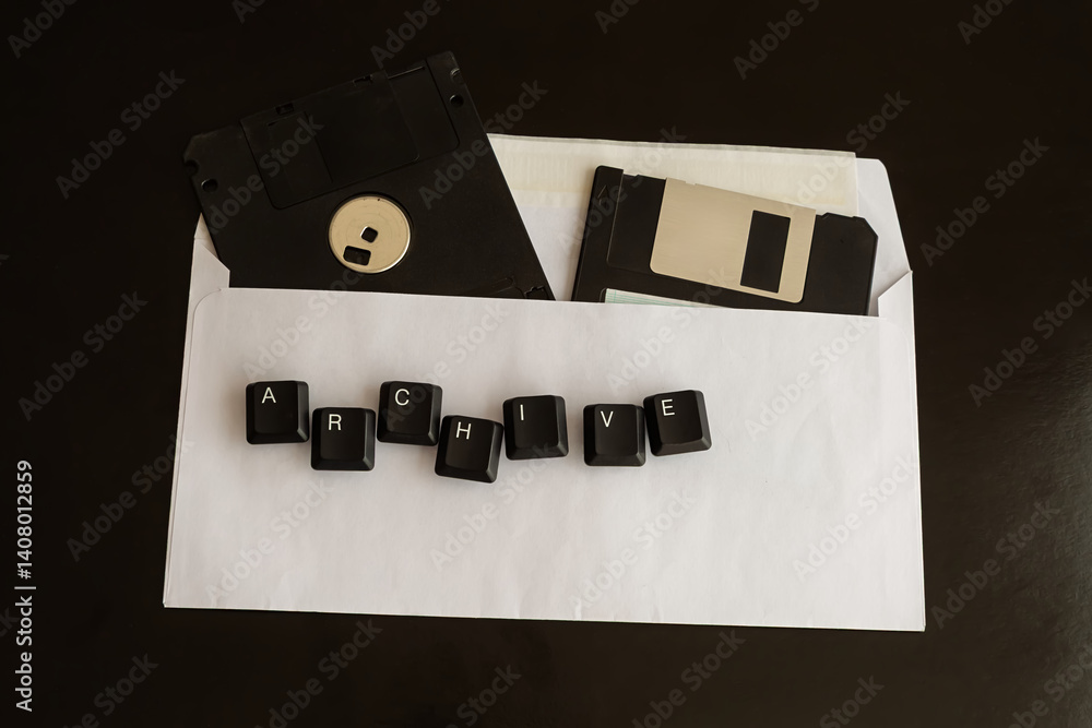 Aufkleber Old computer floppy disks in a white envelope with the word 