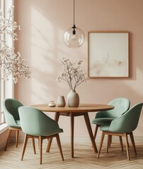 Cozy Minimalist Dining Room with Round Table and Elegant Decor in Soft Pastel Tones