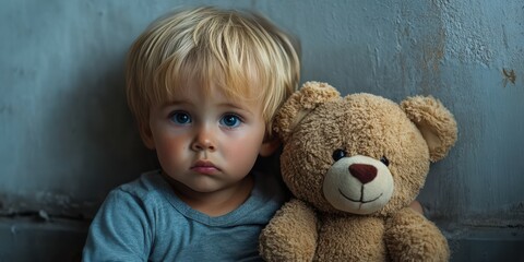 Child with teddy bear sitting against a wall in soft light creating a gentle expression of innocence and curiosity