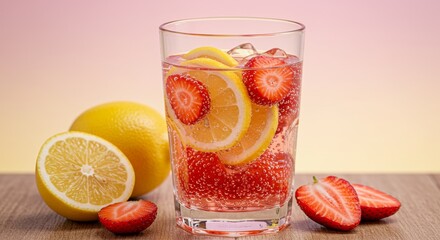 A clear glass of sparkling water infused with fresh lemon slices and vibrant strawberries, garnished with bubbles that enhance its refreshing appeal.