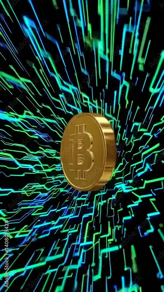 Poster spinning bitcoin amidst dynamic digital circuitry with vibrant neon patterns