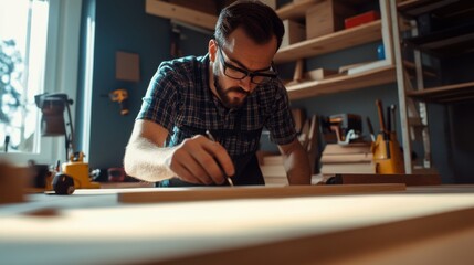 Carpenter building custom shelving in a home office. Featuring carpentry skills and furniture creation