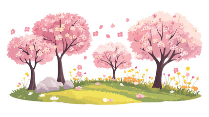 Beautiful Spring Landscape with Blooming Cherry Trees