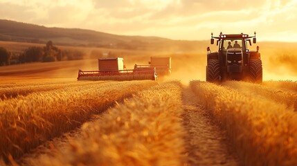 Fototapeta premium Tractor Harvesting Wheat at Sunset, A red tractor harvesting wheat in a golden field at sunset, creating a dusty atmosphere