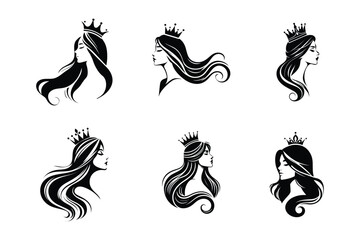 Set of six elegant black and white female silhouettes with crowns, long flowing hair, and royal queen profiles
