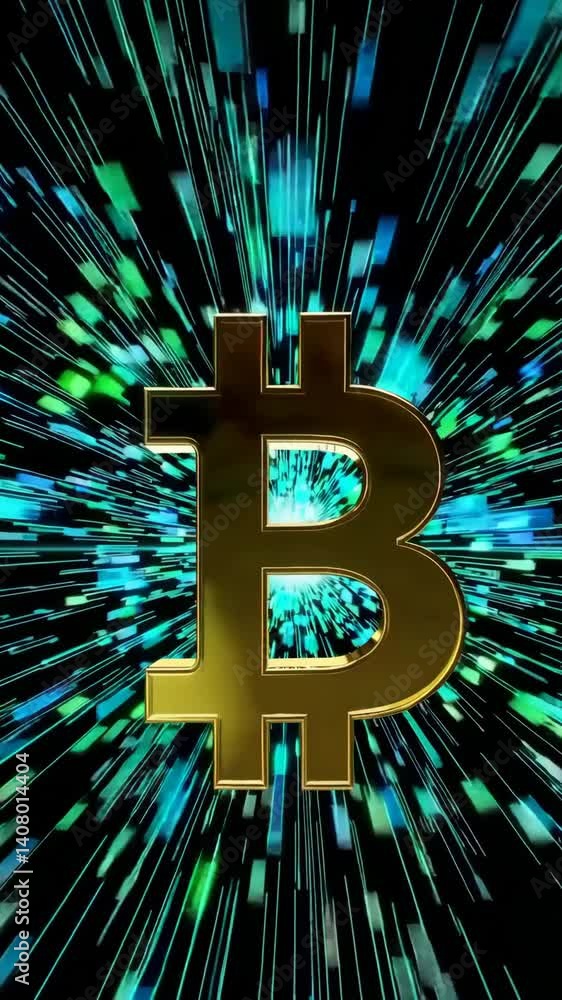 Poster golden bitcoin symbol explodes in cyber light burst towards viewer