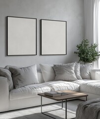 Cozy and Minimalist Living Room with Neutral Tones and Blank Frames on the Wall