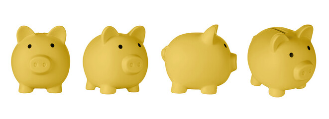 Set Piggy bank pig Orange color on isolated white background close up