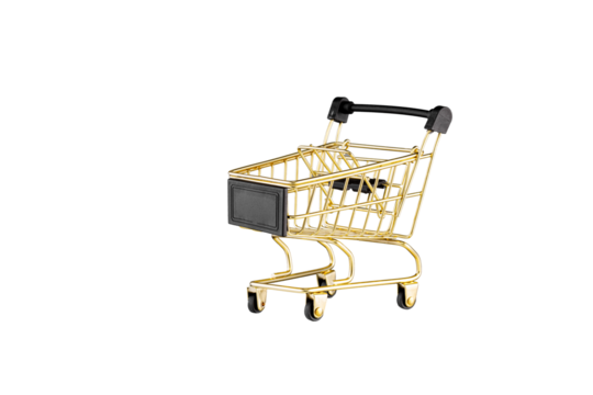 shopping trolley side view gold, yellow and black color cart on isolated white background close up