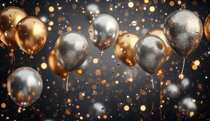 Festive Celebration with Gold and Silver Balloons Surrounded by Sparkling Confetti in a Glimmering Background
