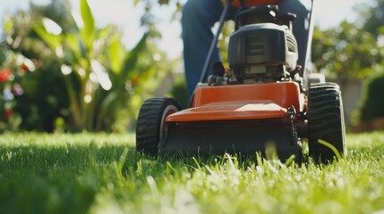 Hispanic landscaper mowing the lawn in a backyard. Featuring landscaping and lawn care