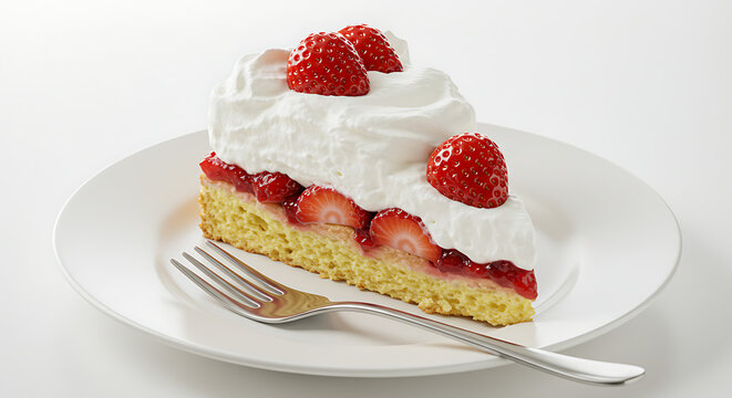 A slice of strawberry shortcake with whipped cream and fresh strawberries, on a plate with a fork, isolated on white