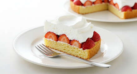A slice of strawberry shortcake with whipped cream and fresh strawberries, on a plate with a fork, isolated on white