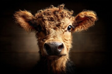 Fototapeta premium Cute young calf with curly fur gazing directly at the viewer in a dimly lit barn setting