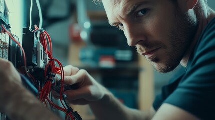 Electrician troubleshooting a faulty outlet in an office. Featuring problem-solving and electrical knowledge