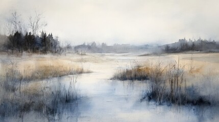 Fototapeta premium Serene Winter Watercolor Landscape Painting of a Calm River and Distant Trees