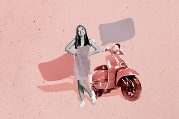 Composite trendy photo collage of happy girl stand retro scooter motorcycle chatterbox notification speech dialogue phrase