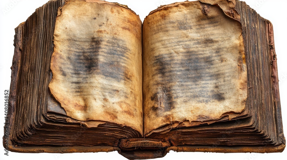 Poster old open medieval book,worn parchment pages isolated on transparent background,stock image